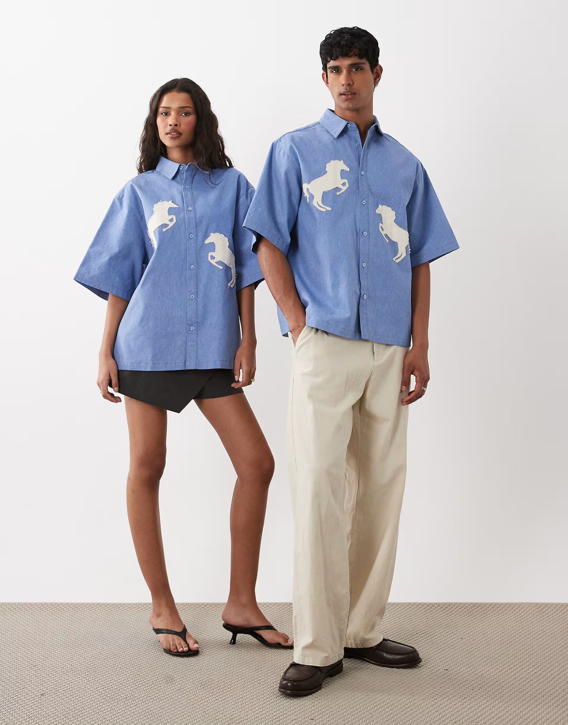 ASOS Sister Jane Dala Unisex cotton applique horse detail boxy denim shirt in mid blue