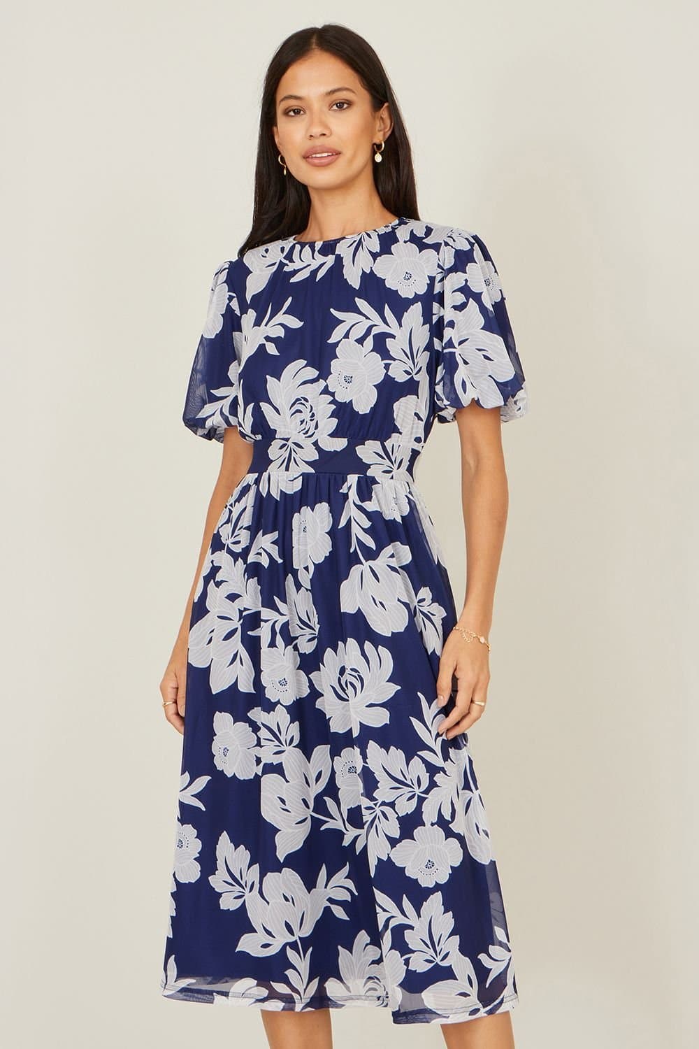 Yumi Yumi Women's Navy Flower Stretch Mesh Midi Dress With Angel Sleeves