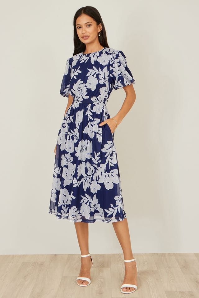 Yumi Yumi Women's Navy Flower Stretch Mesh Midi Dress With Angel Sleeves - 3