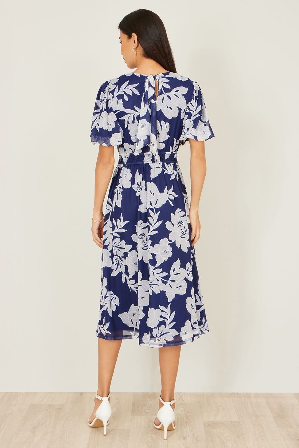 Yumi Yumi Women's Navy Flower Stretch Mesh Midi Dress With Angel Sleeves - 4