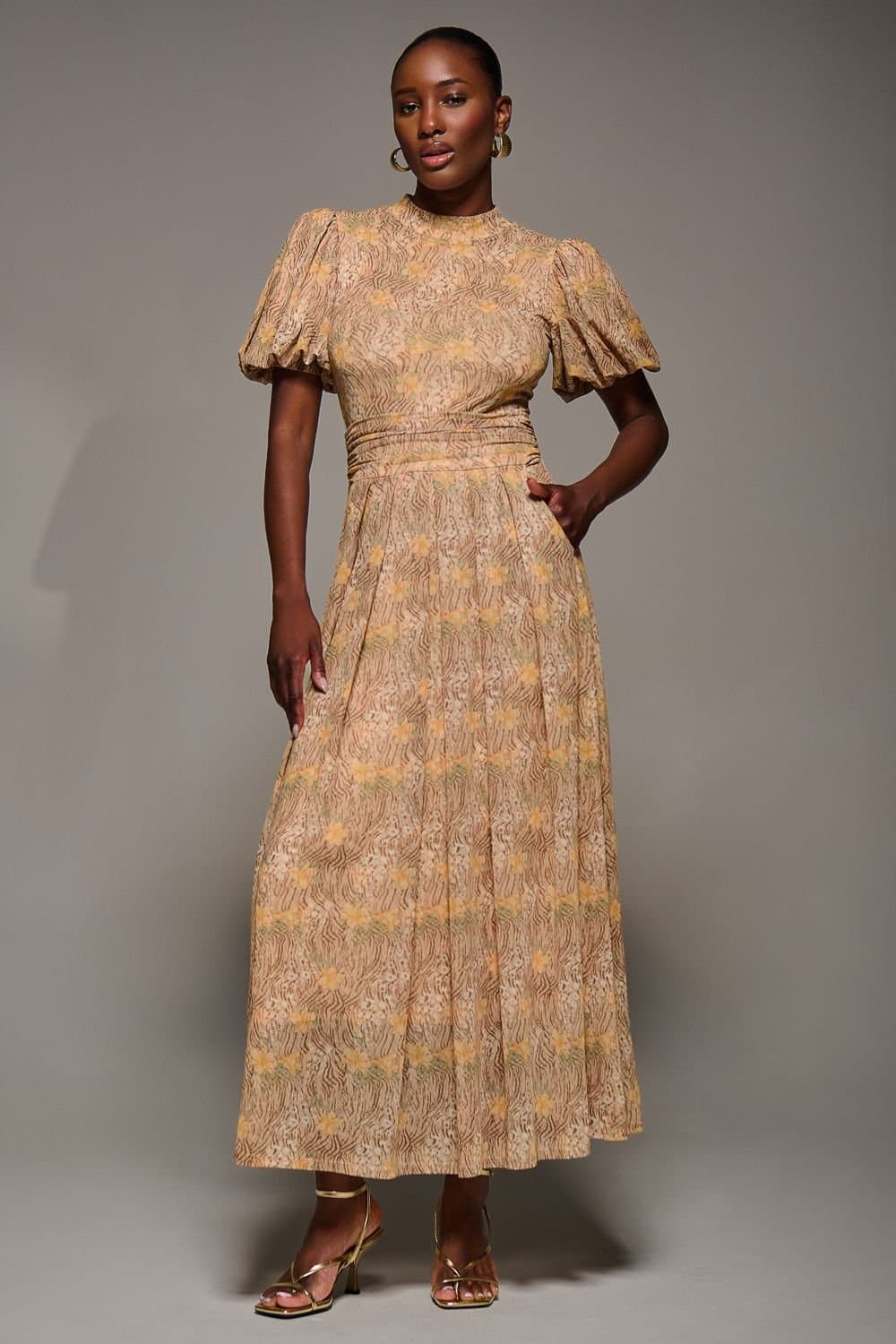 Jolie Moi Jolie Moi Women's Puffy Sleeve Printed Mesh Maxi Dress