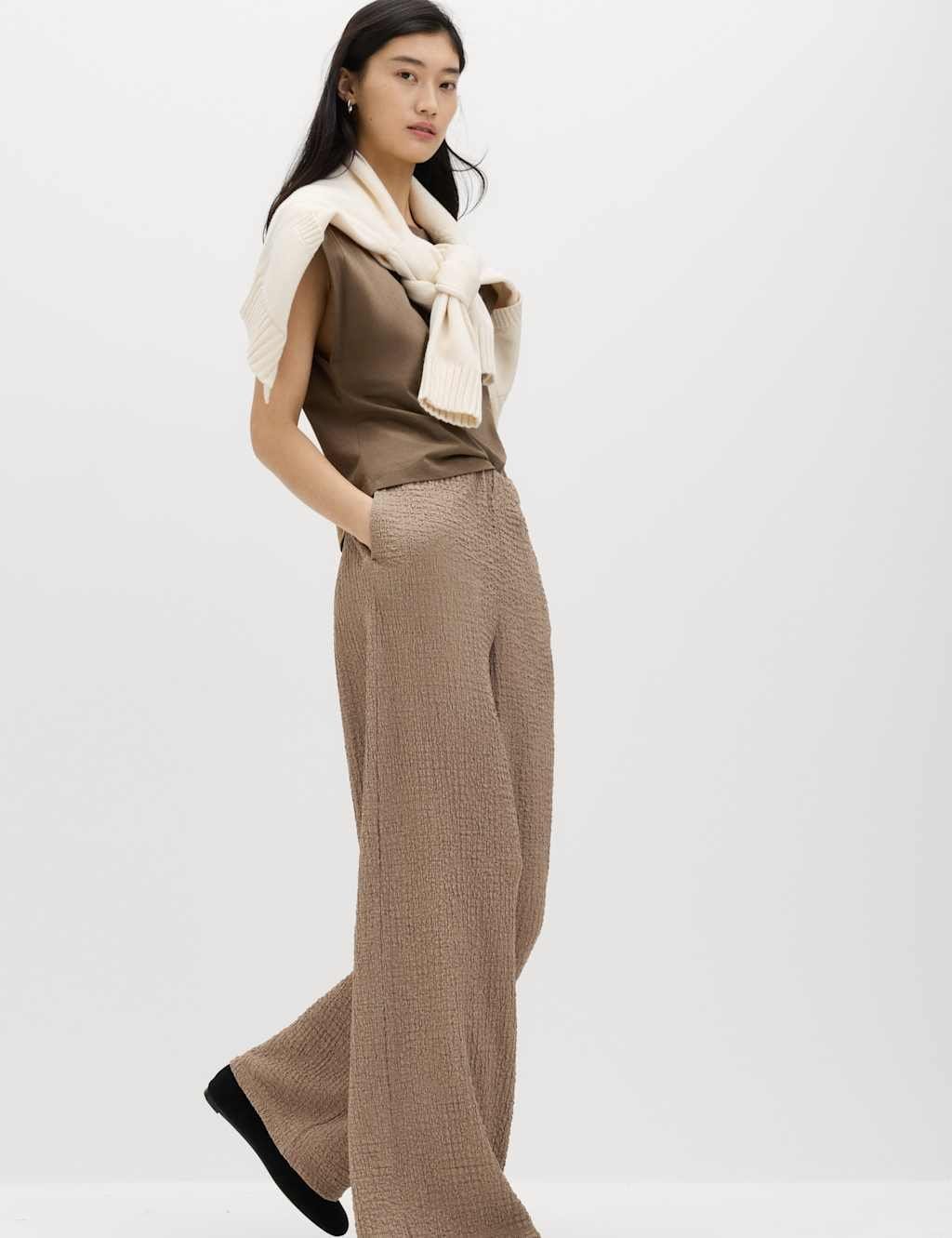 M&S Mocha Textured Wide Leg Trousers