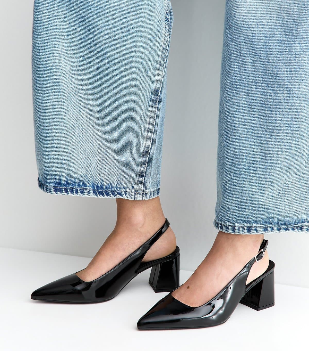 New Look Women's Wide Fit Black Faux Patent Leather Slingback Pumps Vegan New Look