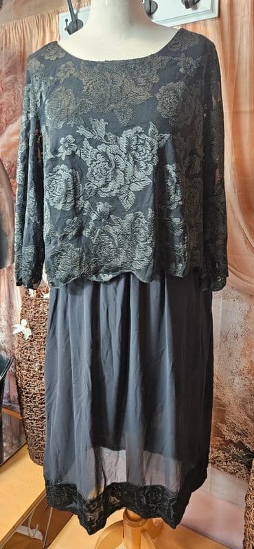 Myrine Black Floral Lace Overlay Evening Dress