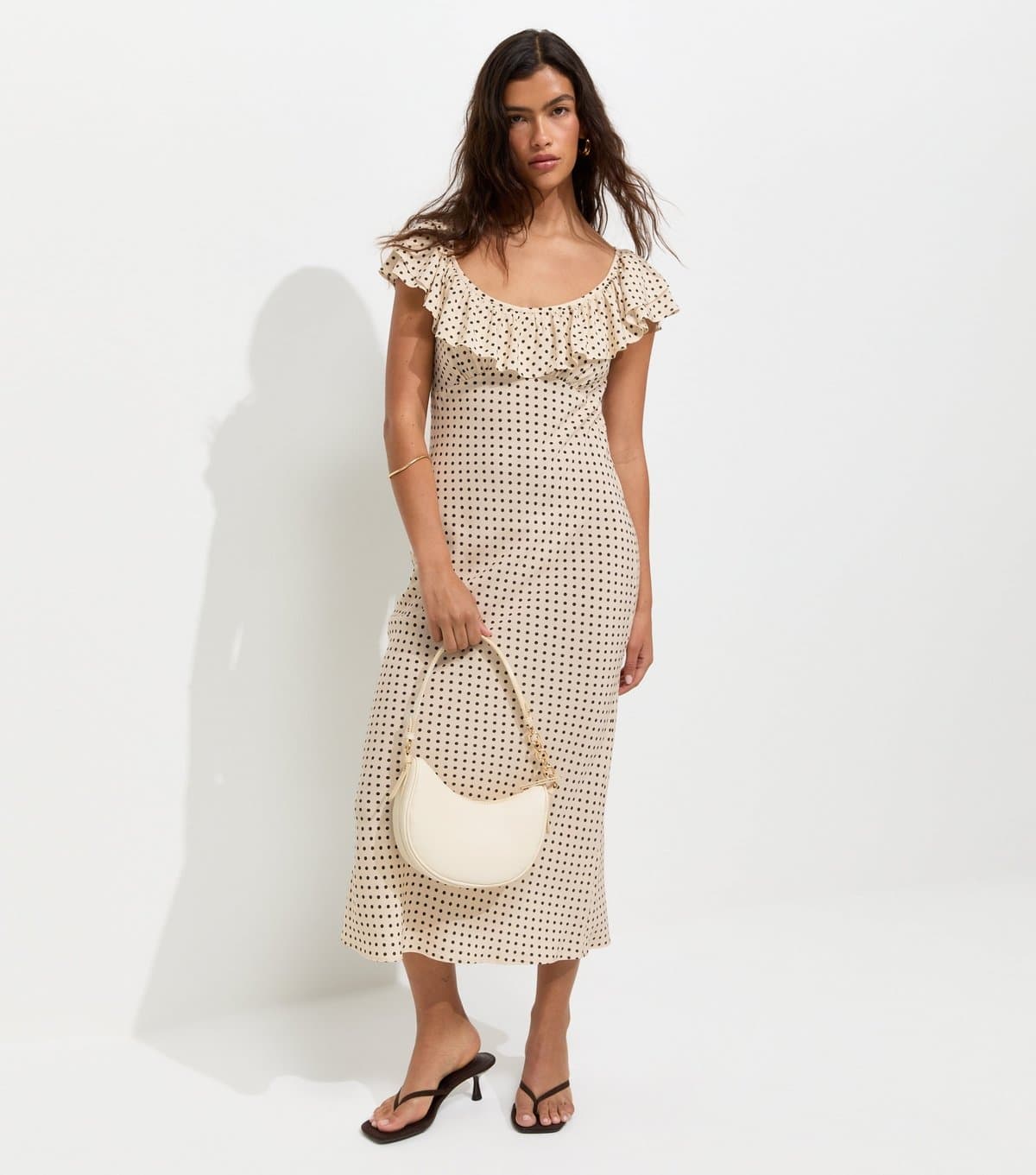 New Look Women's Cream Spot Print Ruffle Trim Midi Dress New Look