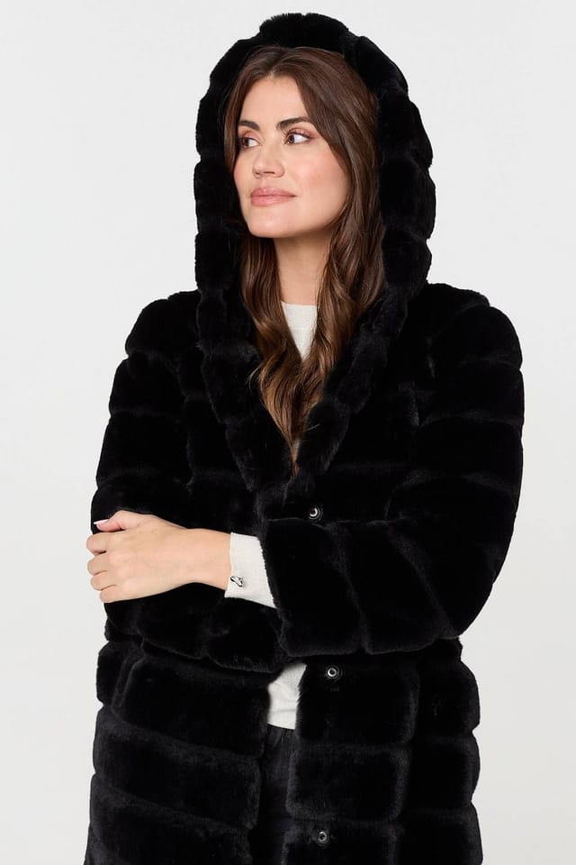 Izabel London Izabel London Women's Faux Fur Thigh Length Hooded Jacket in Black - 2