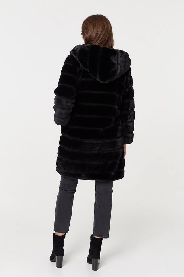 Izabel London Izabel London Women's Faux Fur Thigh Length Hooded Jacket in Black - 3