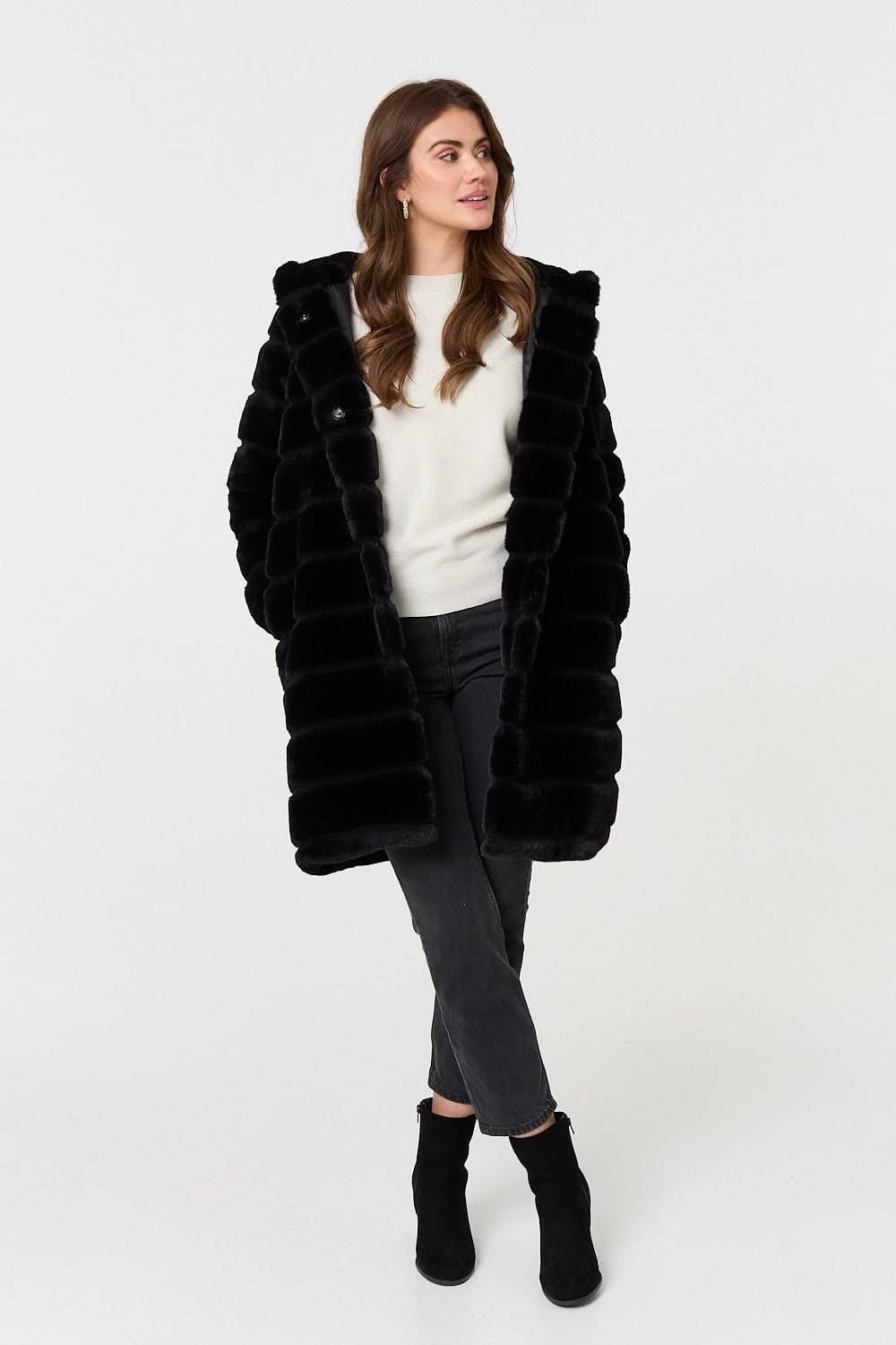 Izabel London Izabel London Women's Faux Fur Thigh Length Hooded Jacket in Black - 4