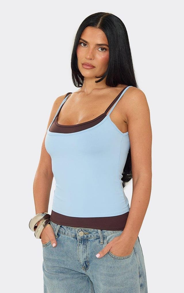 EGO Strappy Double Layer Vest Top In Blue, Women's Size UK 6 - 2