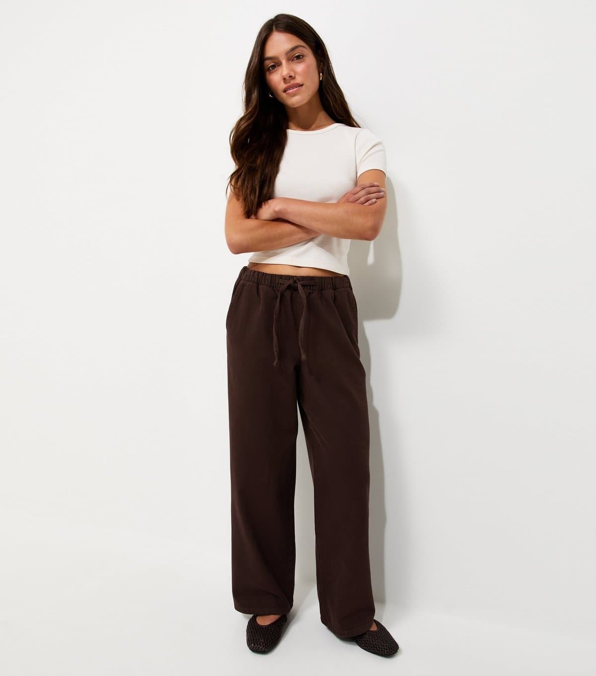 New Look Women's Petite Dark Brown Pull On Wide Leg Jeans New Look