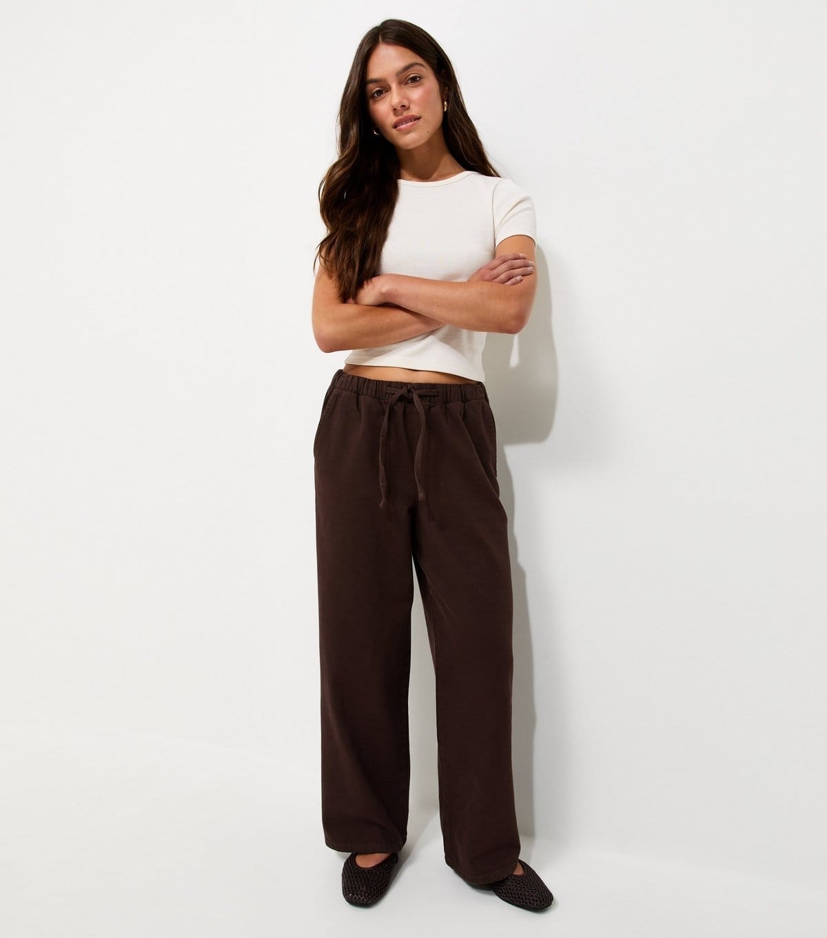 New Look Women's Petite Dark Brown Pull-On Wide Leg Jeans