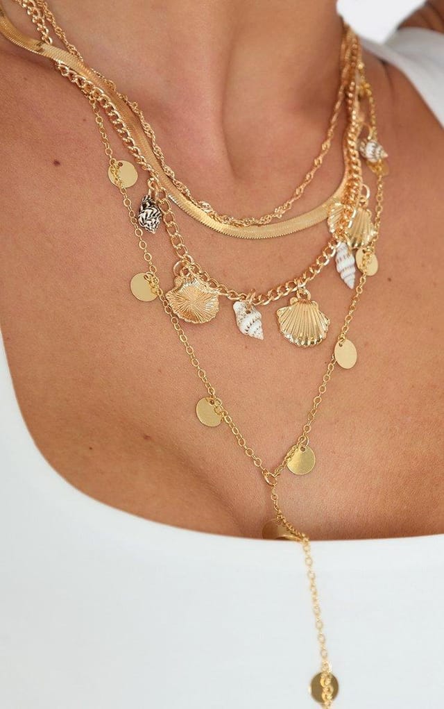 EGO Shell Disc Detail Multi Layered Chain Necklace In Gold, Women's Size UK 0 - 2