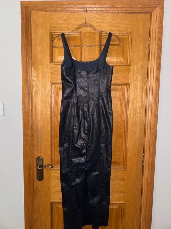 Bershka Bershka Glitter Denim-Look midi dress with back slit