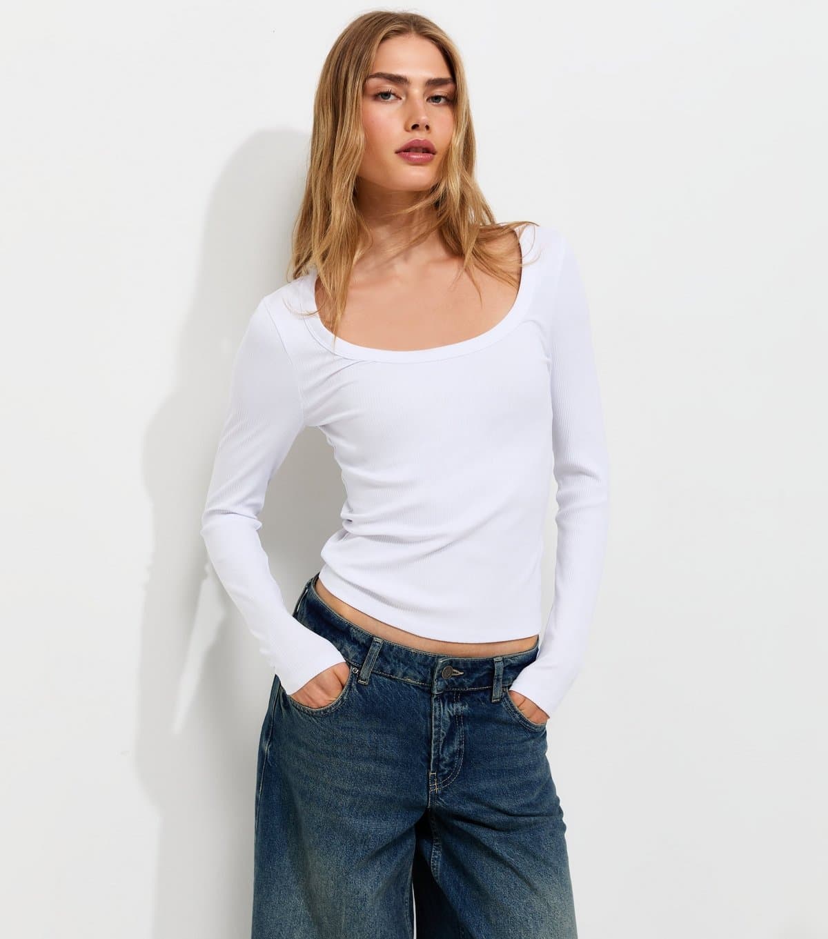New Look Women's White Cotton Rich Long Sleeve Ribbed Scoop Neck Top New Look