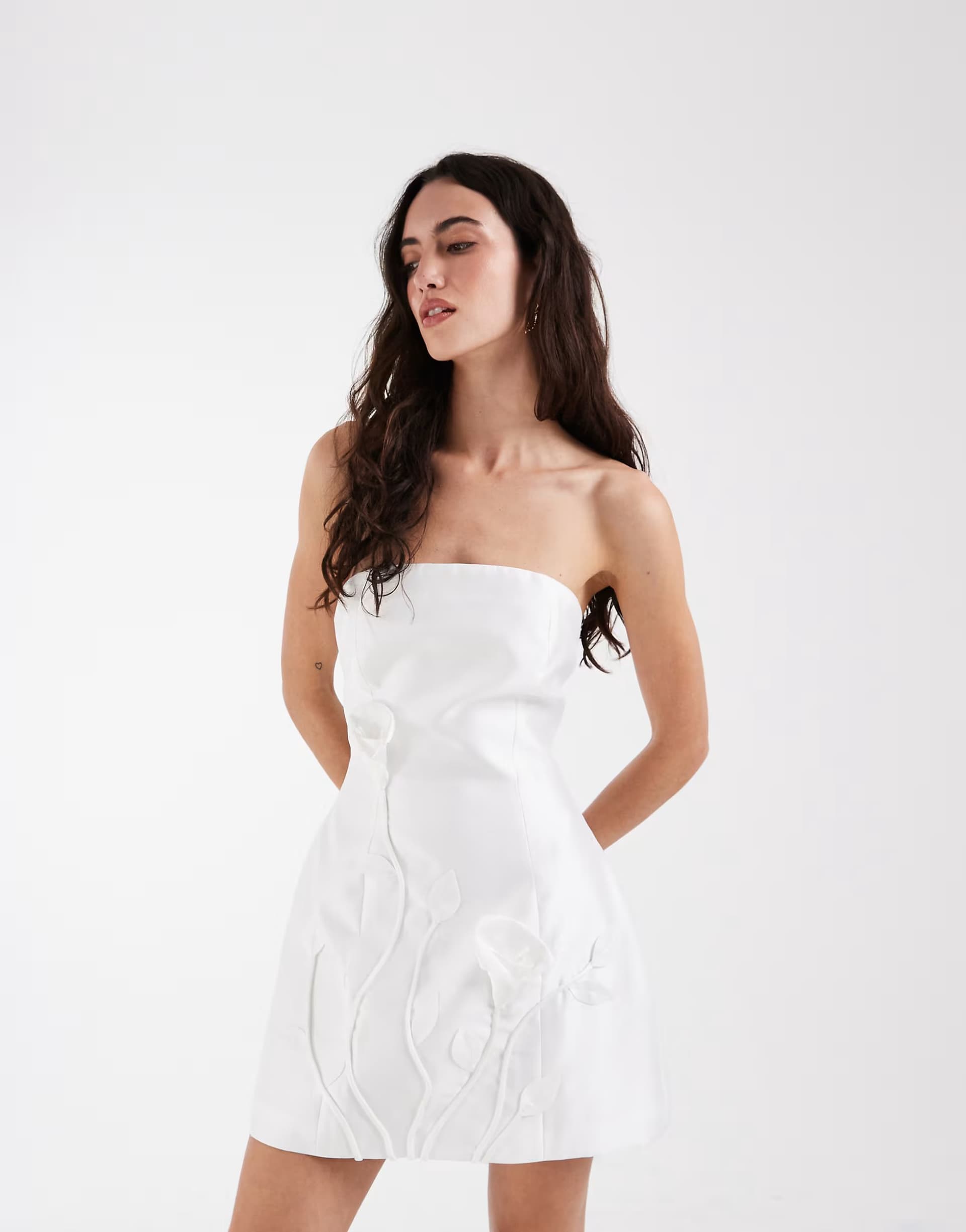 ASOS JW PEI bandeau 3D floral applique tailored mini dress in white