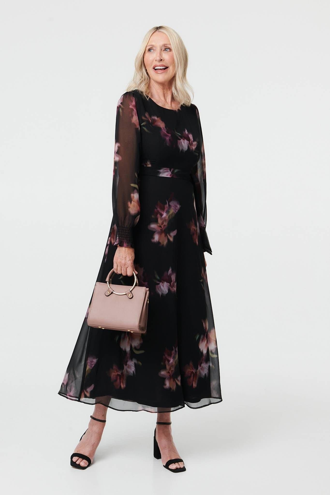 Izabel London Izabel London Women's Floral Layered Semi Sheer Midi Dress in Black