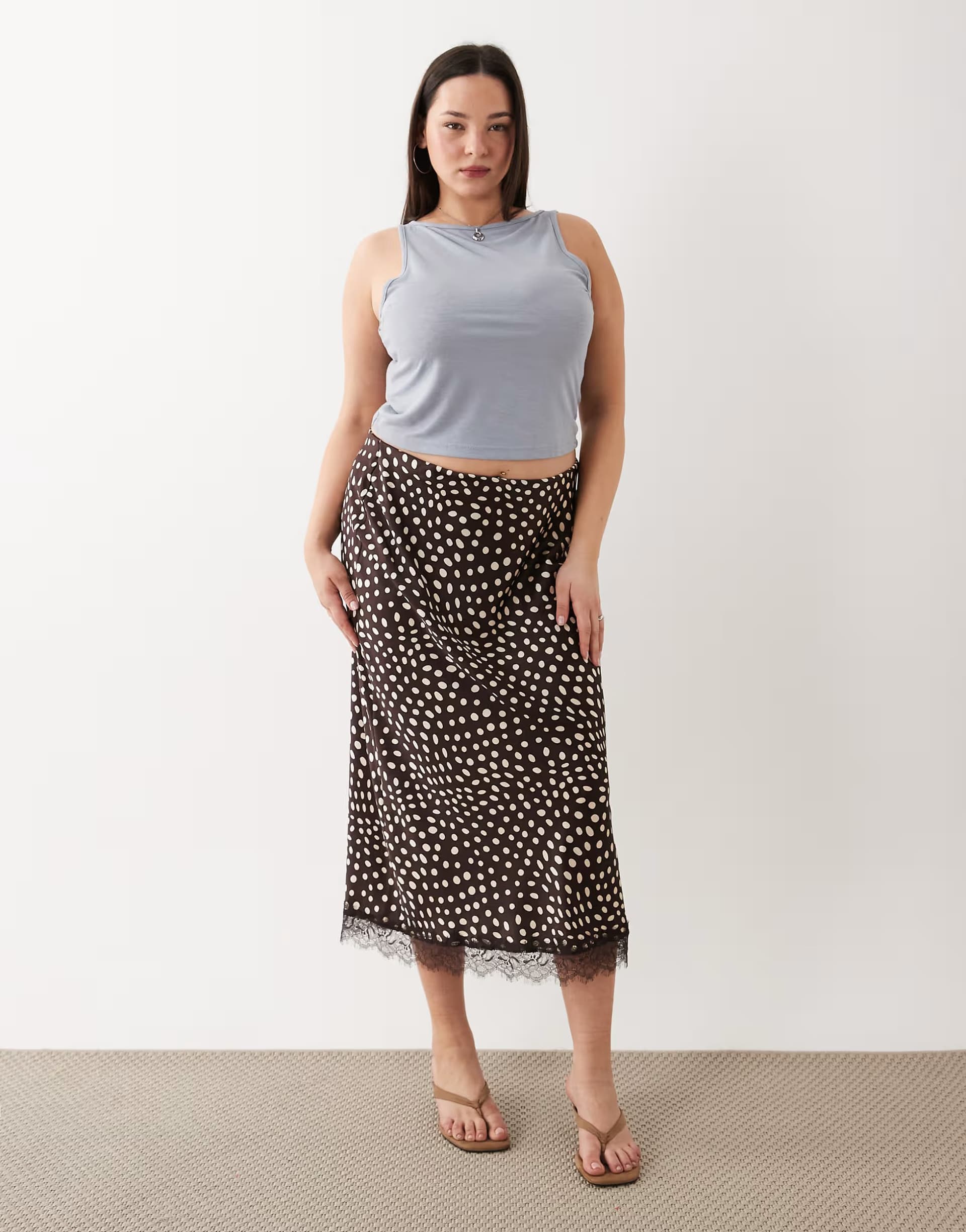 ASOS New Look Curve deer print lace trim midi skirt in brown