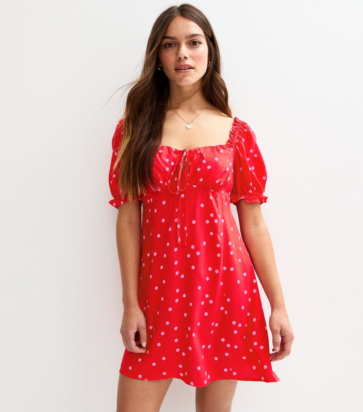 New Look Women's Petite Red Polka Dot Milkmaid Mini Dress New Look