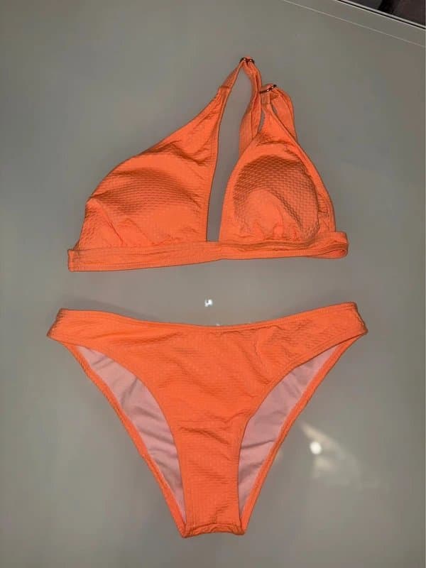 Romwe NEW coral pastel orange peach crossover halter one shoulder double strap textured bikini set 8 UK