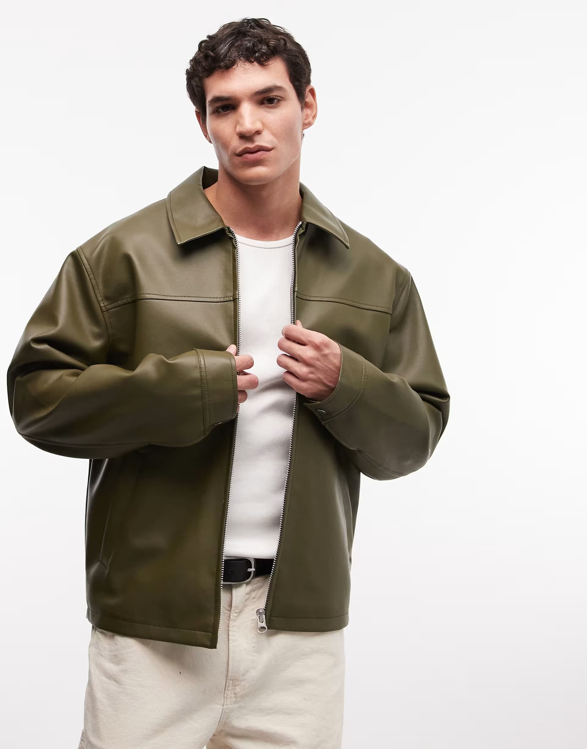 ASOS ASOS DESIGN faux leather harrington jacket in khaki