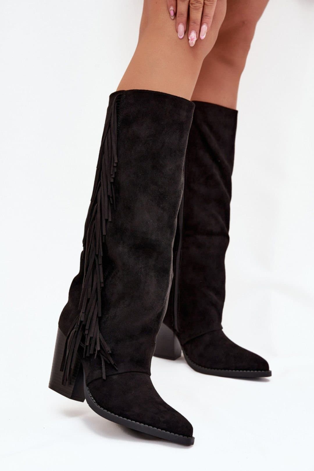 Love Lace Love Lace Women's Faux Suede Cowboy Heel Boots with Side Fringe & Zip Closure in Black