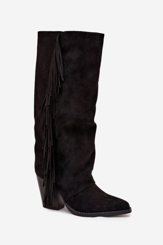 Love Lace Love Lace Women's Faux Suede Cowboy Heel Boots with Side Fringe & Zip Closure in Black - 2