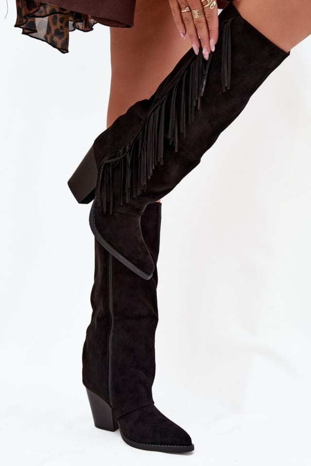 Love Lace Love Lace Women's Faux Suede Cowboy Heel Boots with Side Fringe & Zip Closure in Black - 3