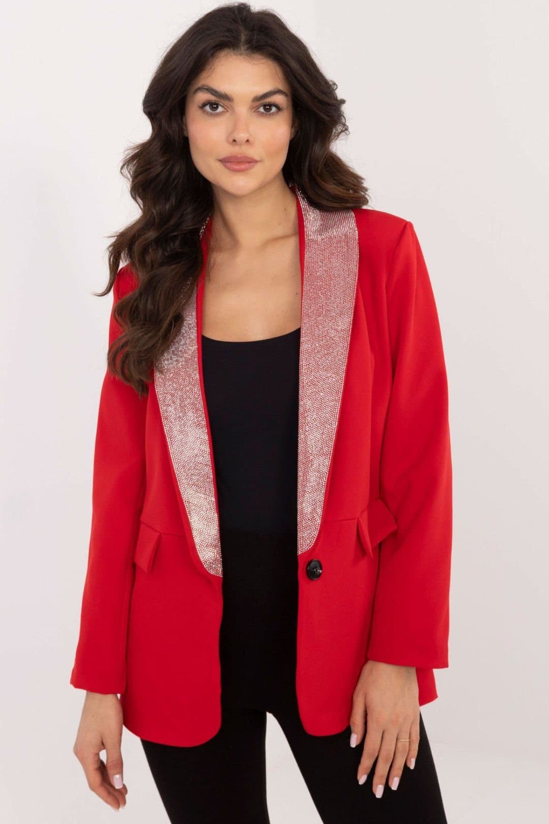 Love Lace Love Lace Women's Elegant Rhinestone Lapel Tailored Jacket in Red