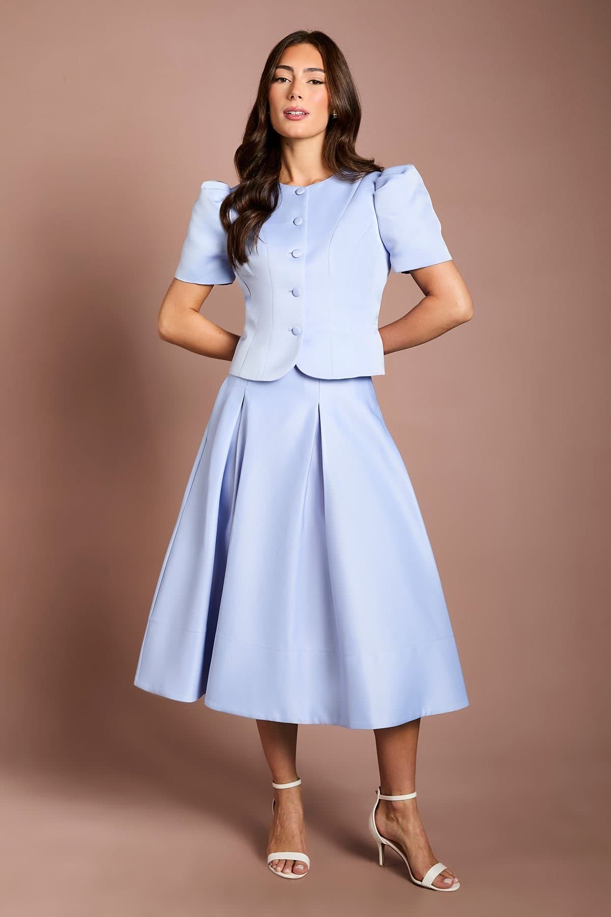 Coast Coast Women's Satin Pleat Front Midi Full Skirt in Cornflower Blue