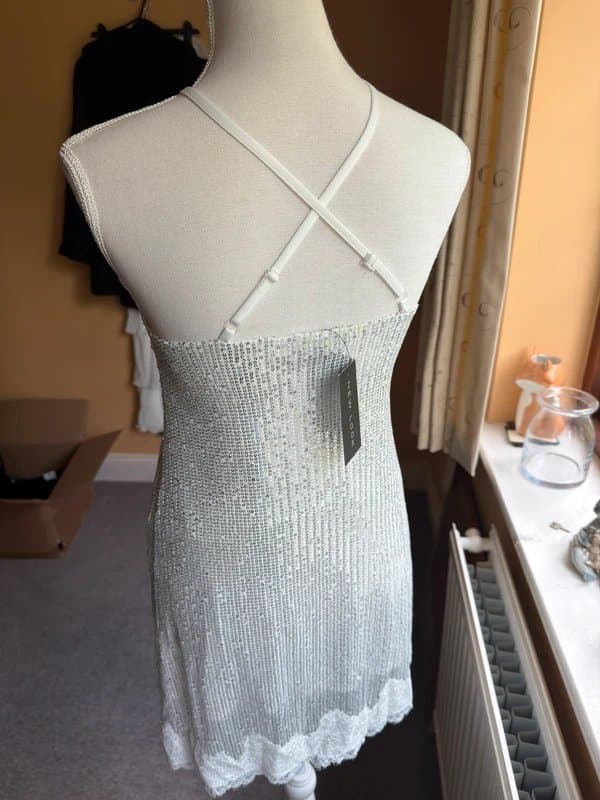 New Look New Look Silver and White Sequin Embellished Lace Trim Mini Dress Size 6