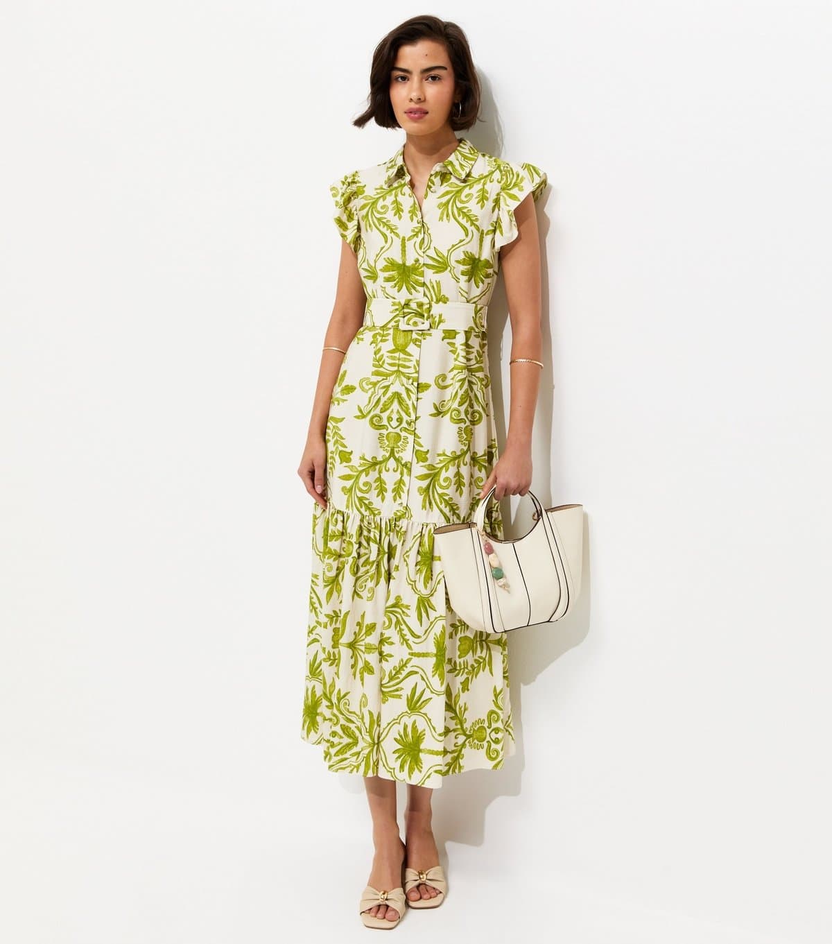 New Look Women's Green Lotus Print Belted Midi Shirt Dress New Look