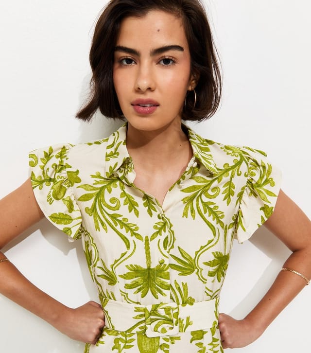 New Look Women's Green Lotus Print Belted Midi Shirt Dress New Look - 2