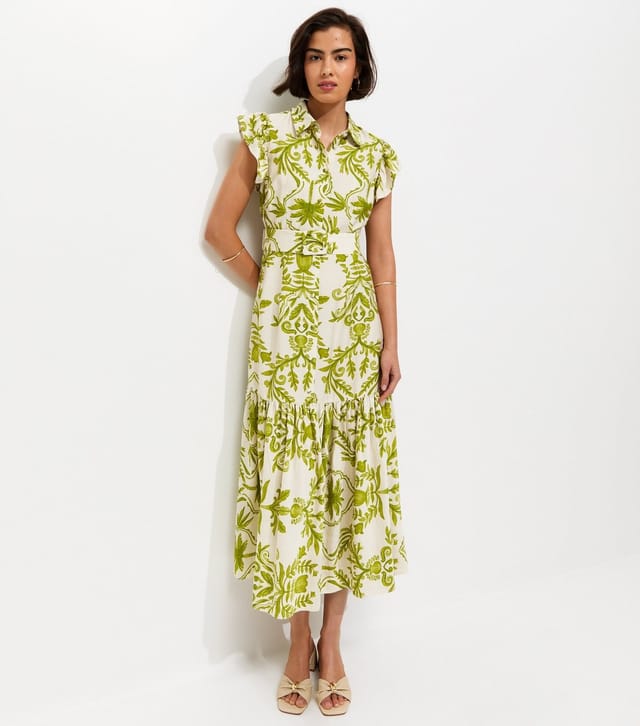 New Look Women's Green Lotus Print Belted Midi Shirt Dress New Look - 3