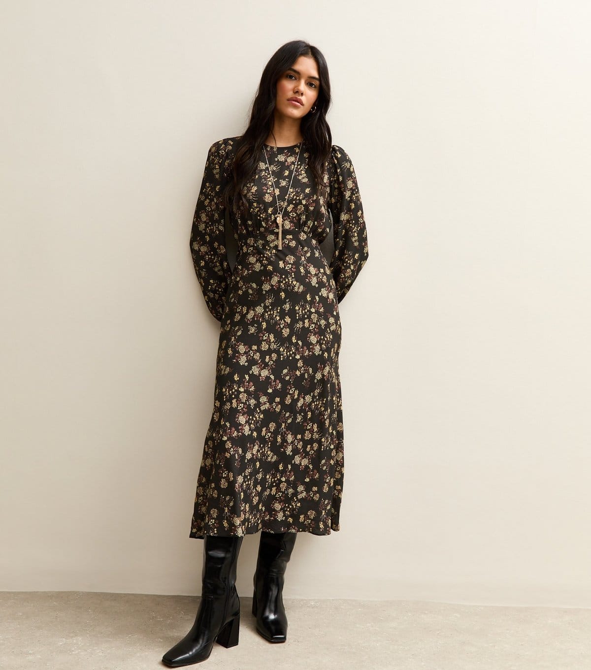 New Look Black Floral Midi Dress