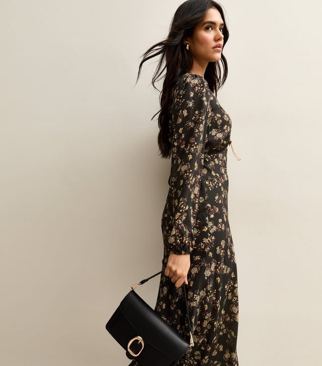New Look Women's Black Floral Print Three Quarter Sleeve Midi Dress New Look - 2