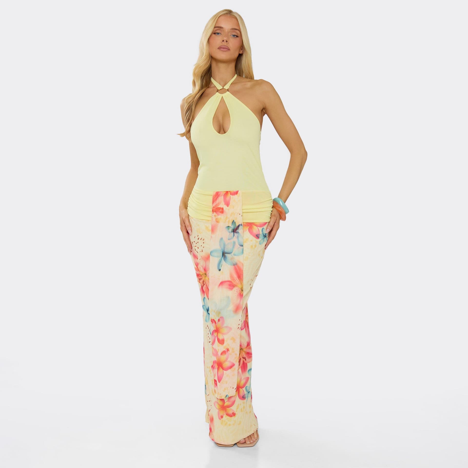 EGO Halterneck Cut Out Drape Front Maxi Dress In Yellow Floral Print, Women's Size UK 6