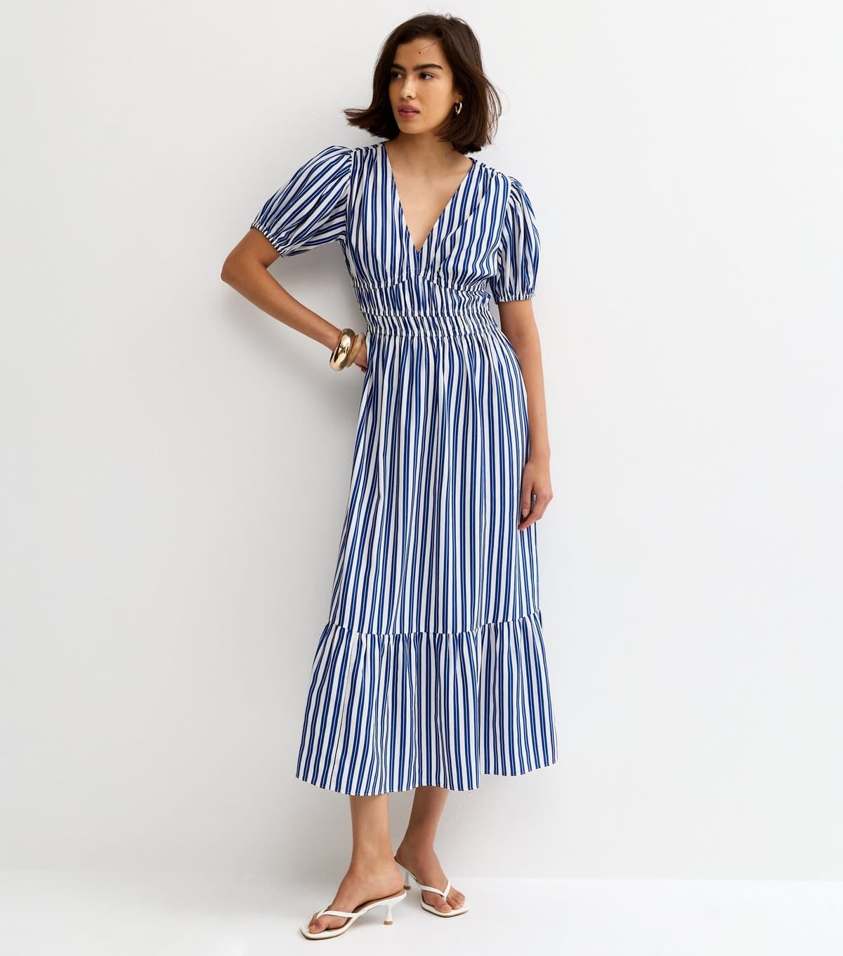 New Look Women's Blue Crepe Striped V-Neck Short Sleeve Midi Dress New Look