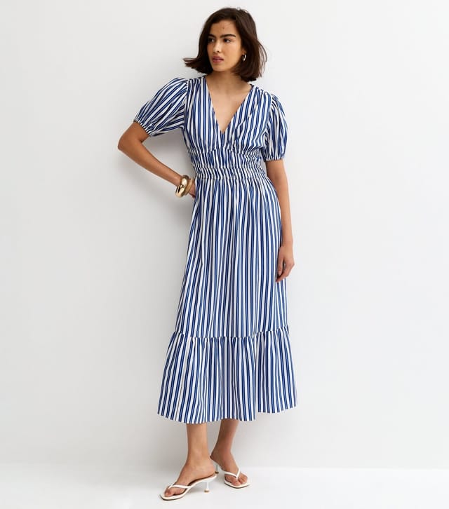 New Look Women's Blue Crepe Striped V-Neck Short Sleeve Midi Dress New Look - 2