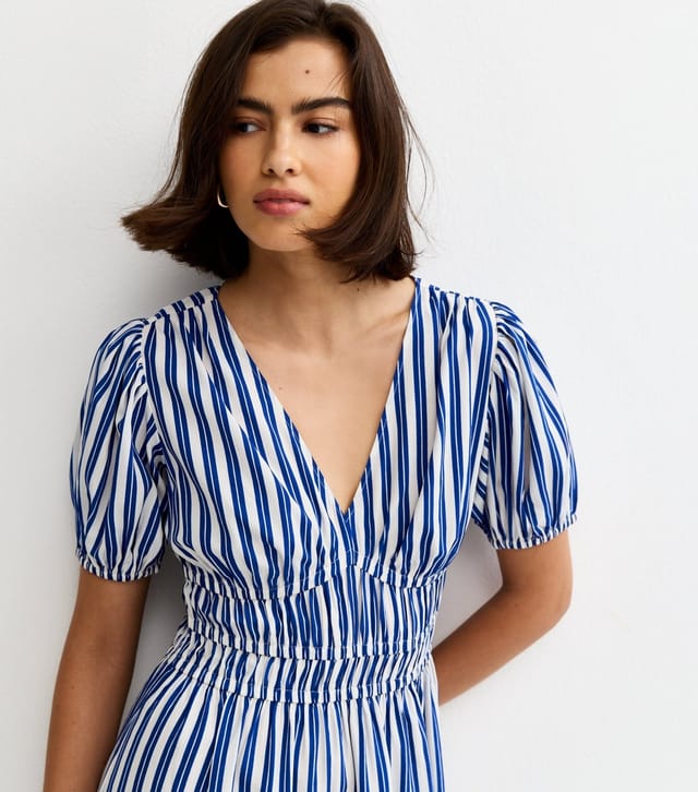 New Look Women's Blue Crepe Striped V-Neck Short Sleeve Midi Dress New Look - 3