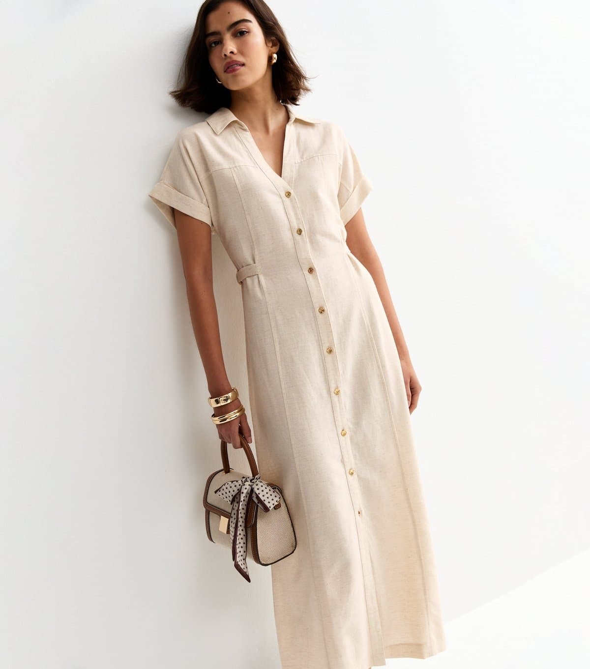 New Look Women's Stone Linen Blend Shirt Midi Dress New Look