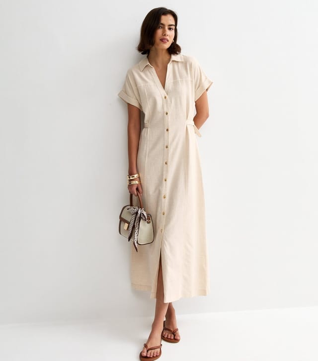 New Look Women's Stone Linen Blend Shirt Midi Dress New Look - 3