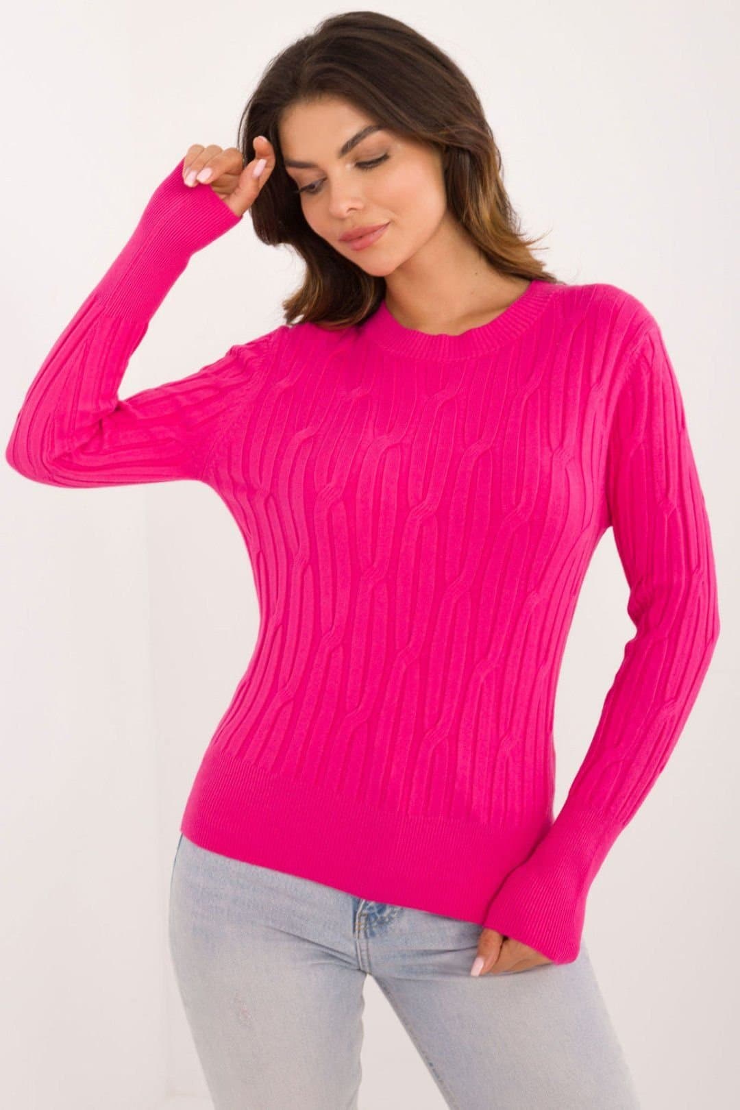 Love Lace Love Lace Women's Textured Viscose Blend Round Neck Sweater in Pink