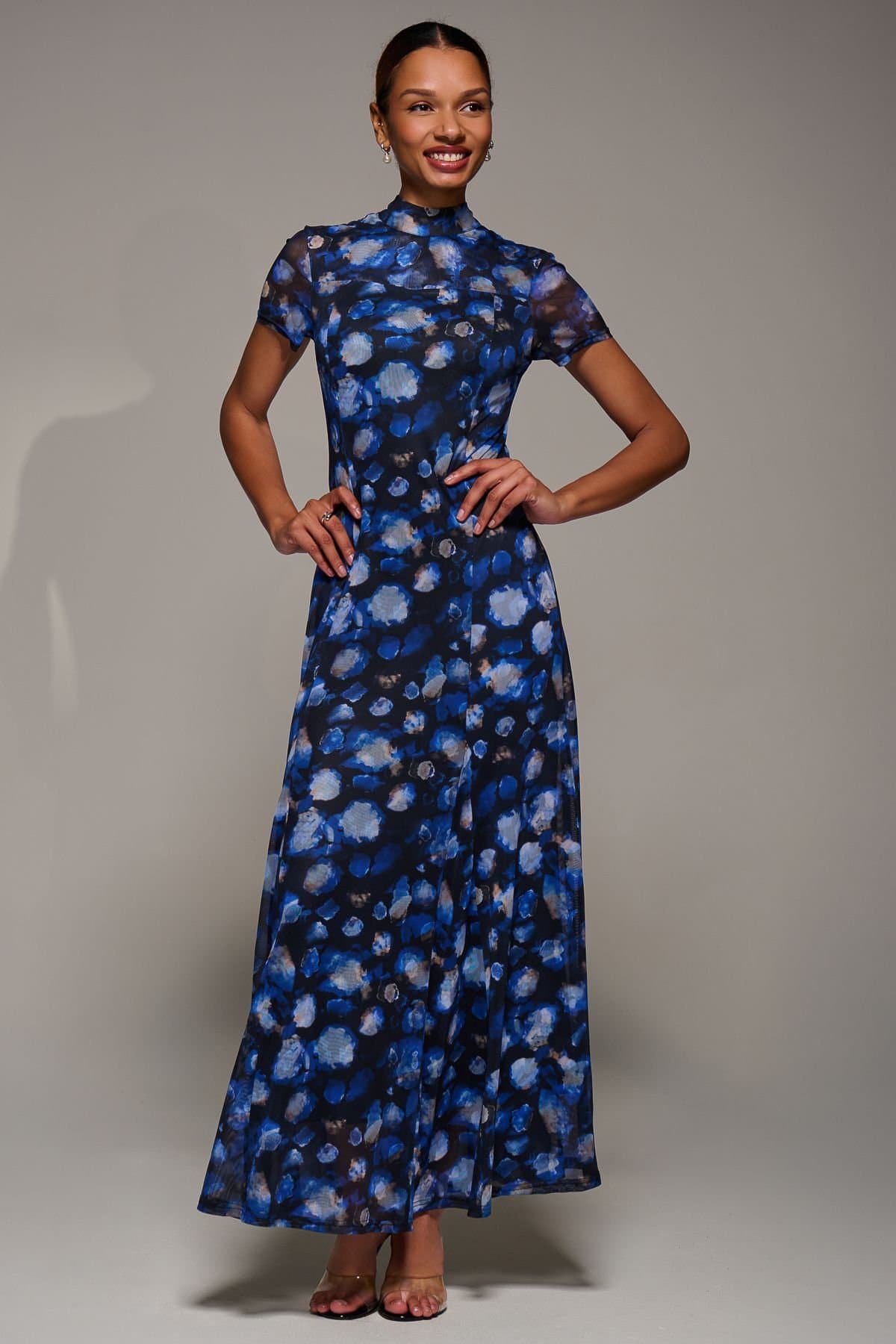 Jolie Moi Jolie Moi Women's Turtle Neckline Mesh Maxi Dress in Dark Navy