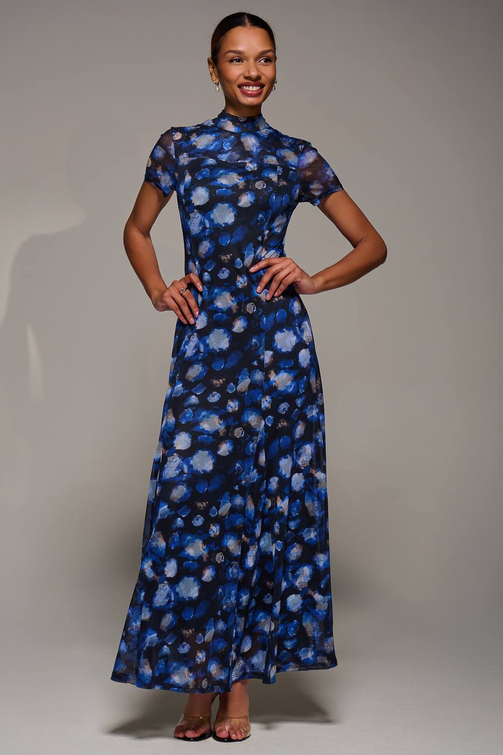 Jolie Moi Jolie Moi Women's Turtle Neckline Mesh Maxi Dress in Dark Navy - 2