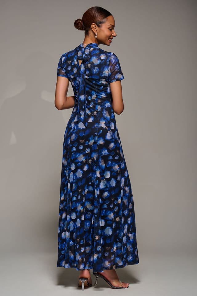 Jolie Moi Jolie Moi Women's Turtle Neckline Mesh Maxi Dress in Dark Navy - 2