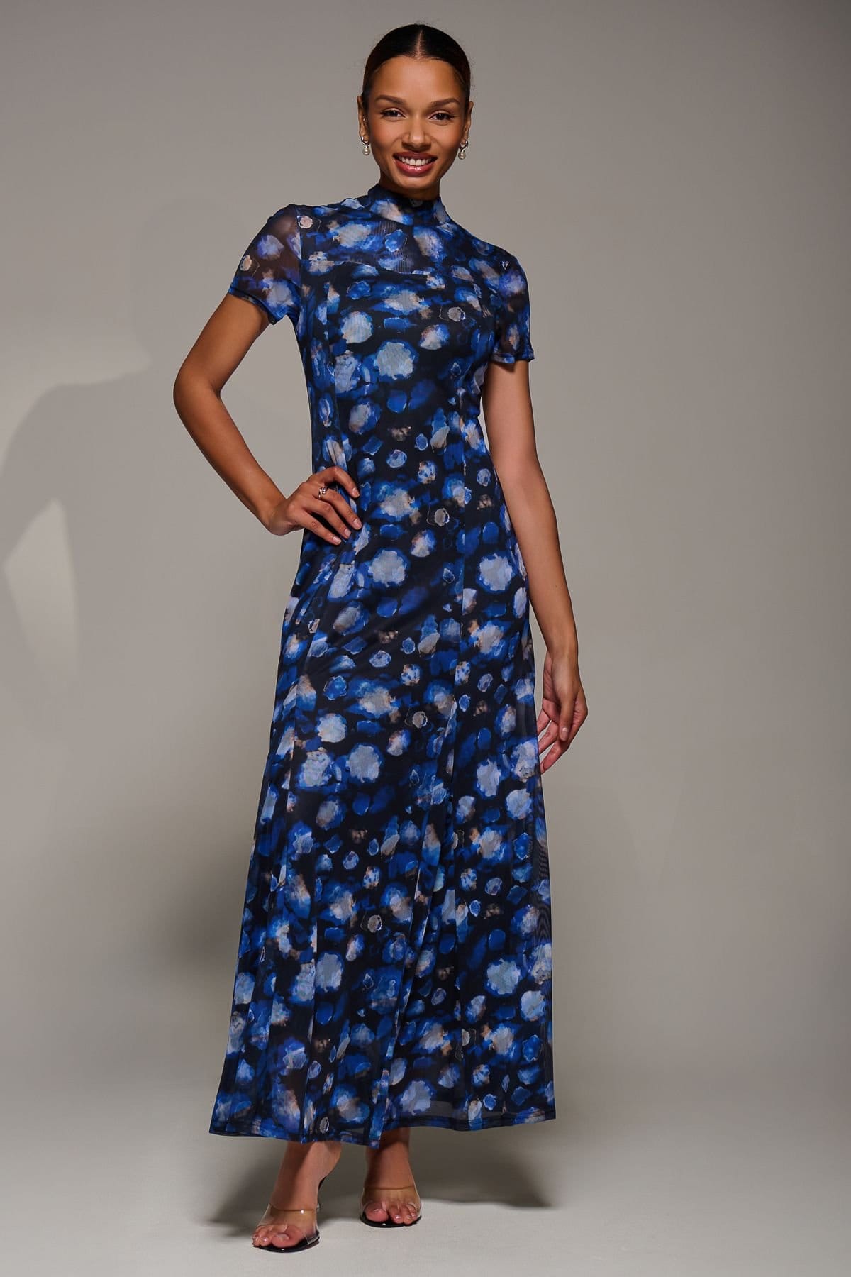 Jolie Moi Jolie Moi Women's Turtle Neckline Mesh Maxi Dress in Dark Navy - 4
