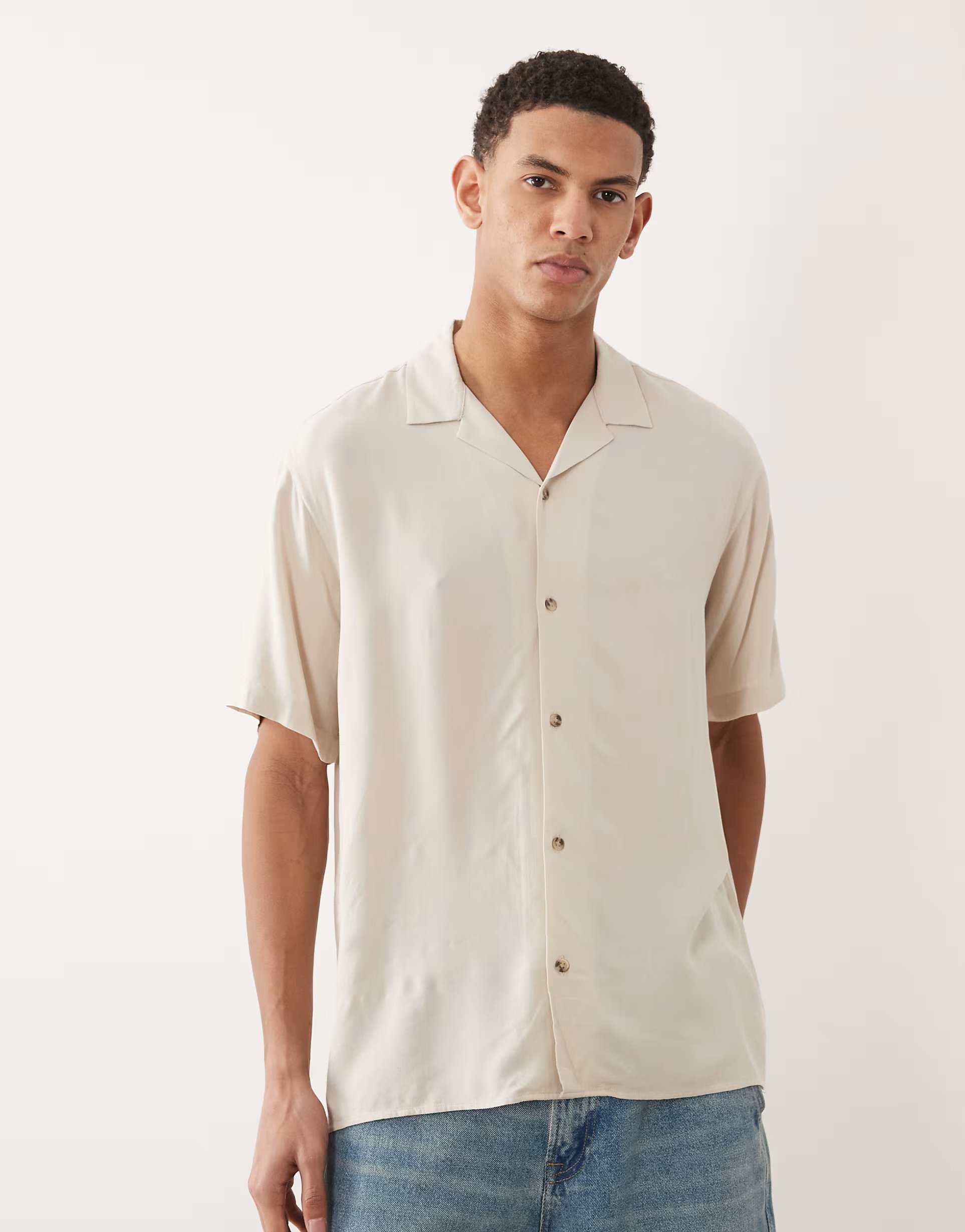 ASOS Jack & Jones viscose shirt in short sleeve in cream - 1