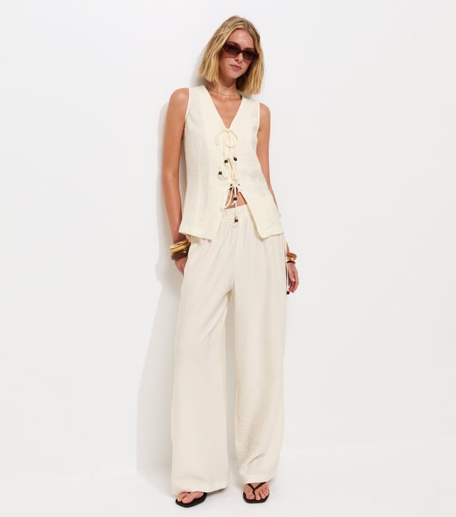 New Look Women's Off White Beaded Tie Wide Leg Trousers New Look - 2