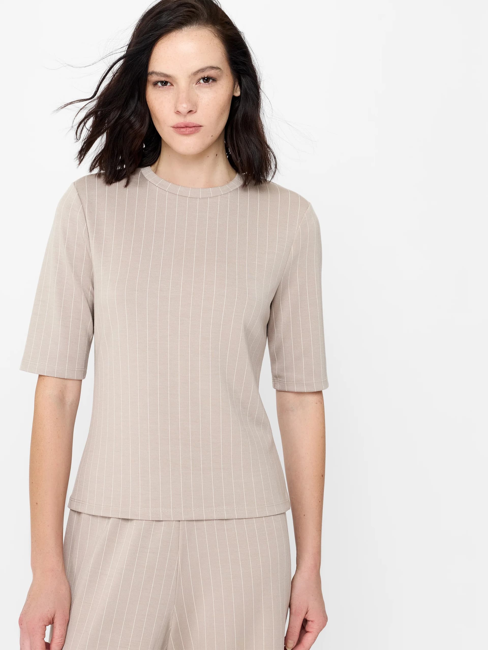 French Connection Regina Brown Pinstripe Jersey Shoulder Pad T-Shirt Macchiato Brown