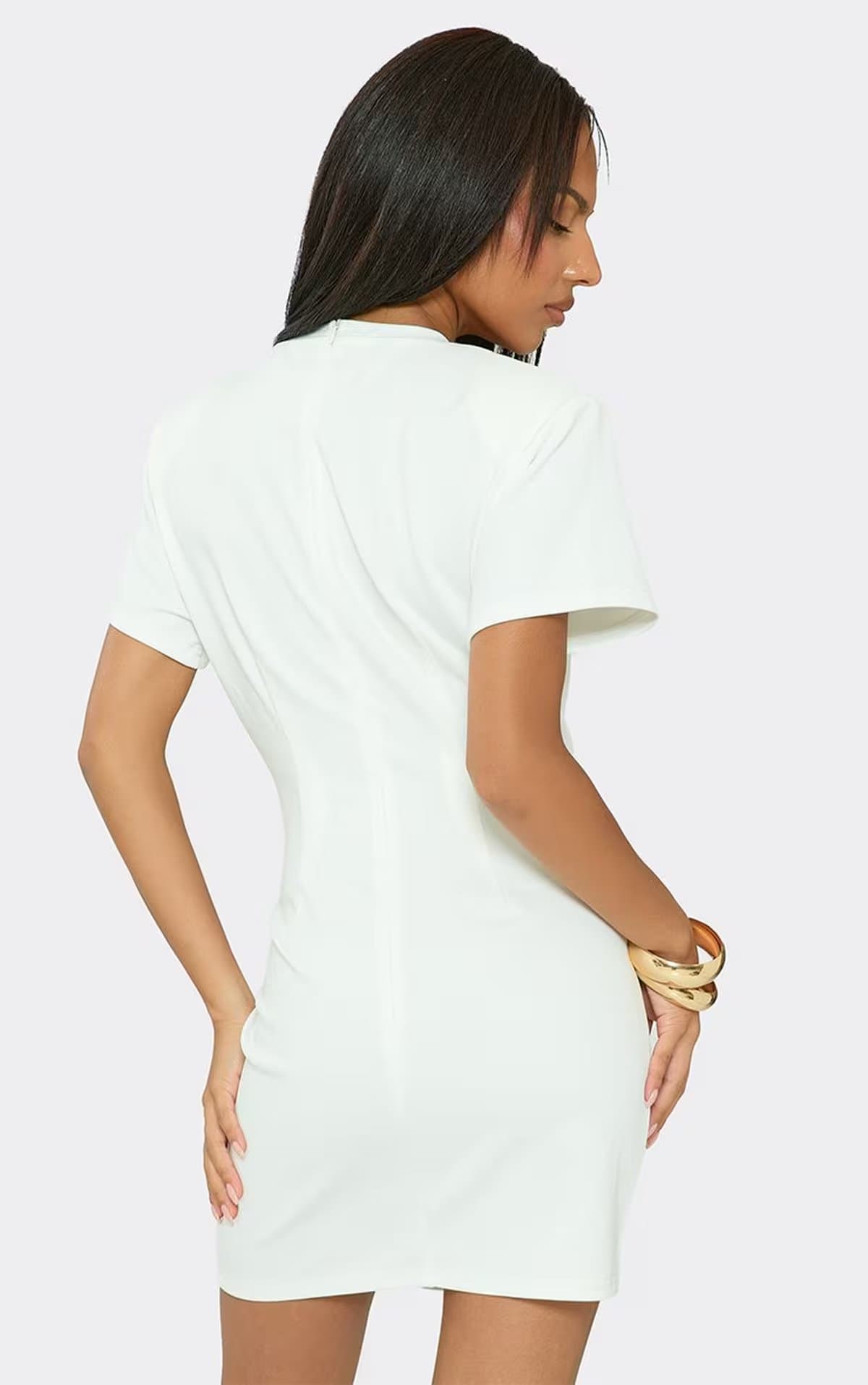 EGO Short Sleeve Shoulder Pad Cinched Waist Mini Dress In White, Women's Size UK 14